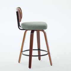 Set of 2 26-Inch Counter Height Bar Stools - Walnut Black, Cane Rattan Back, Light Green Linen Upholstered Seat, Swivel Design for Kitchen Island/Bar/Counter,SW1766OL