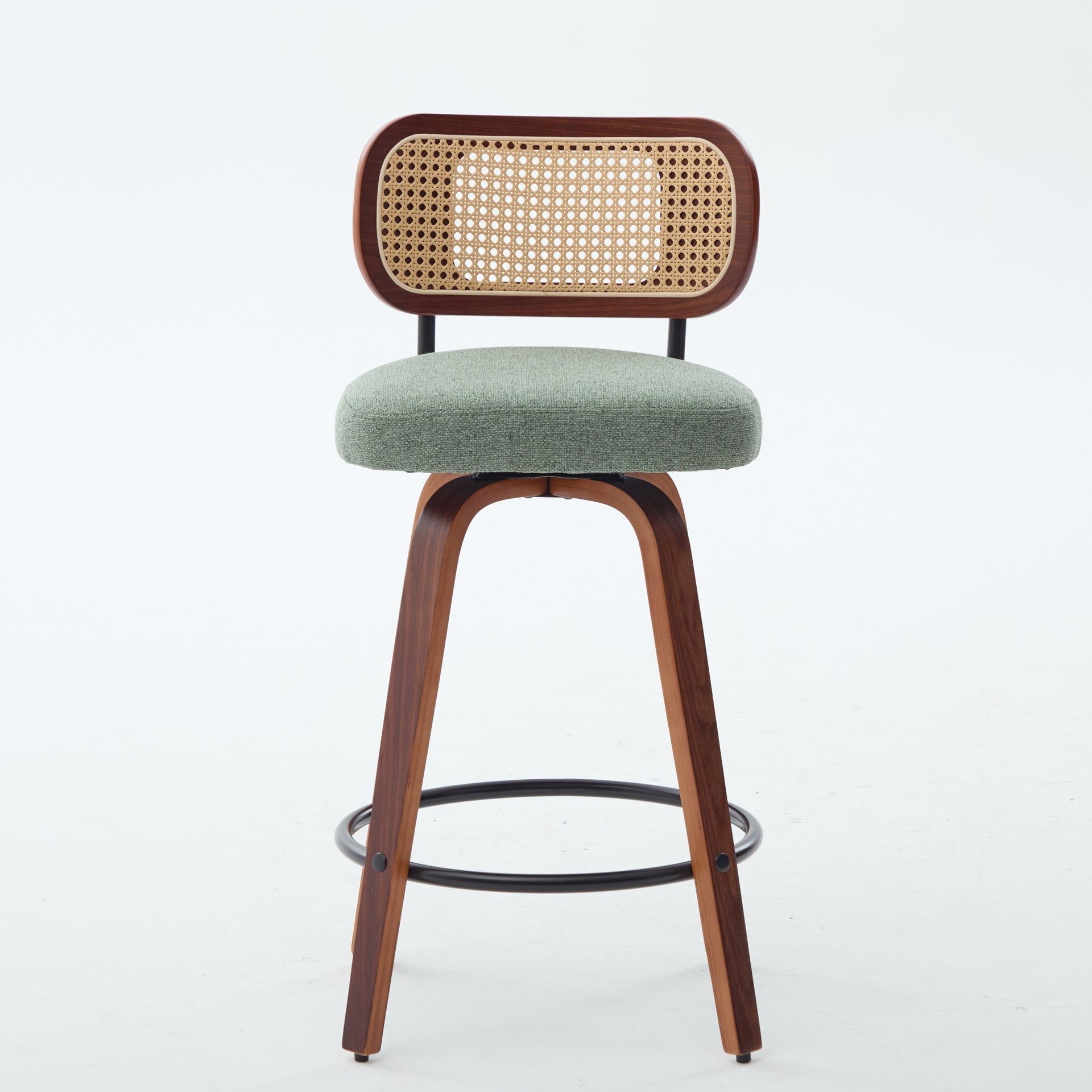 Set of 2 26-Inch Counter Height Bar Stools - Walnut Black, Cane Rattan Back, Light Green Linen Upholstered Seat, Swivel Design for Kitchen Island/Bar/Counter,SW1766OL