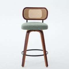 Set of 2 26-Inch Counter Height Bar Stools - Walnut Black, Cane Rattan Back, Light Green Linen Upholstered Seat, Swivel Design for Kitchen Island/Bar/Counter,SW1766OL