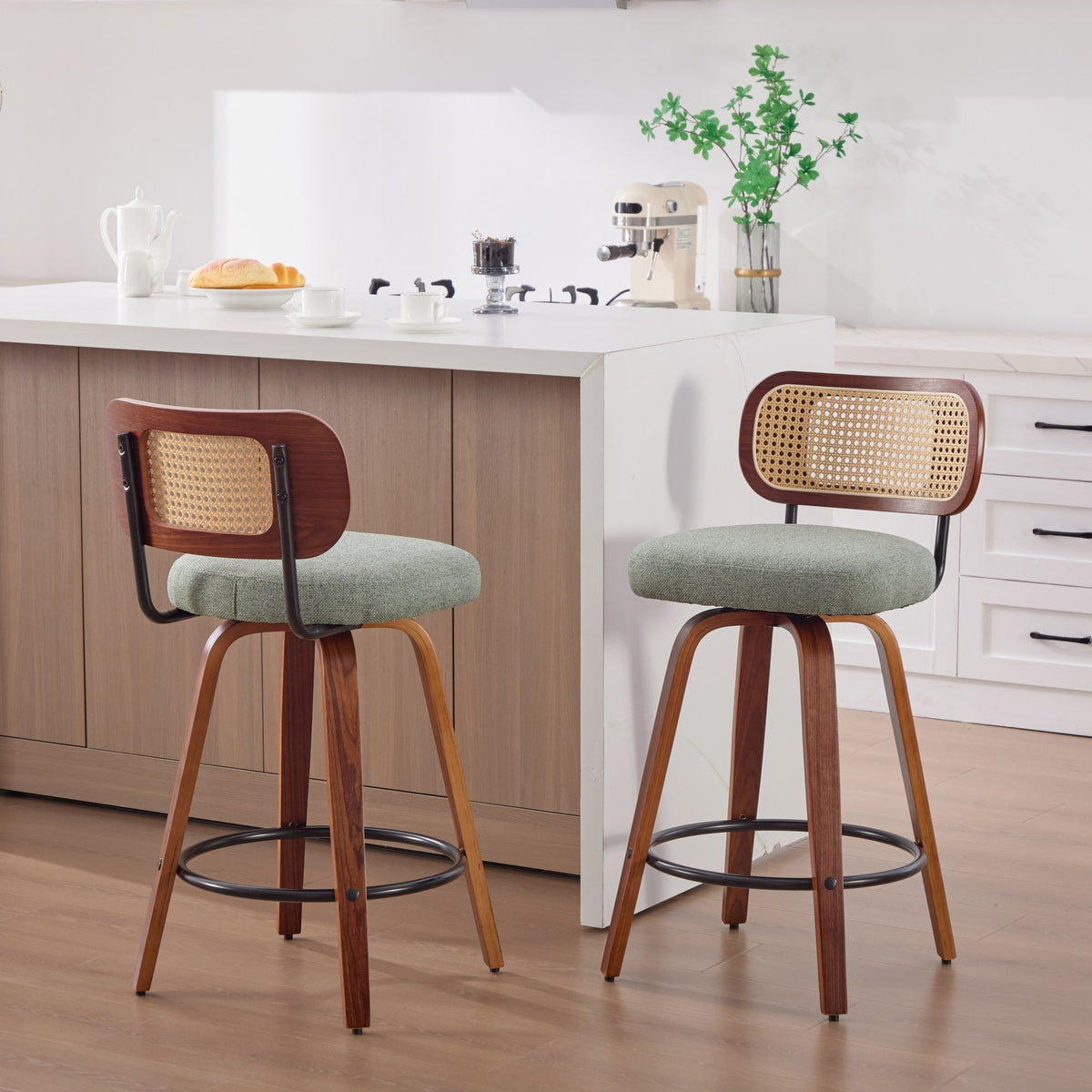 Set of 2 26-Inch Counter Height Bar Stools - Walnut Black, Cane Rattan Back, Light Green Linen Upholstered Seat, Swivel Design for Kitchen Island/Bar/Counter,SW1766OL