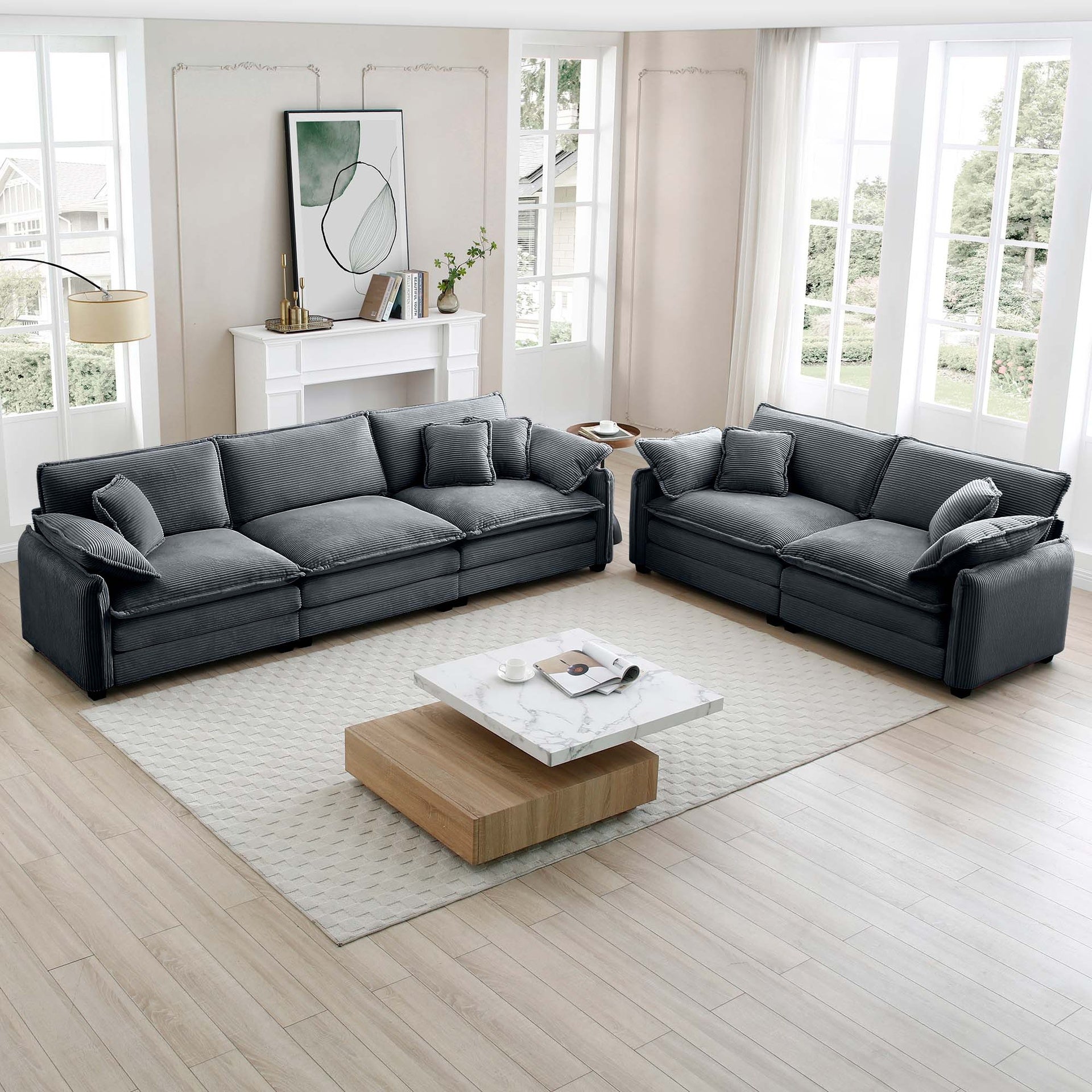 Family sofa set Deep Seat Sofa, Warm Sofa for Home Cinema and Living Room, One 2-Seater Sofa and One 3-Seater Sofa,Grey Corduroy