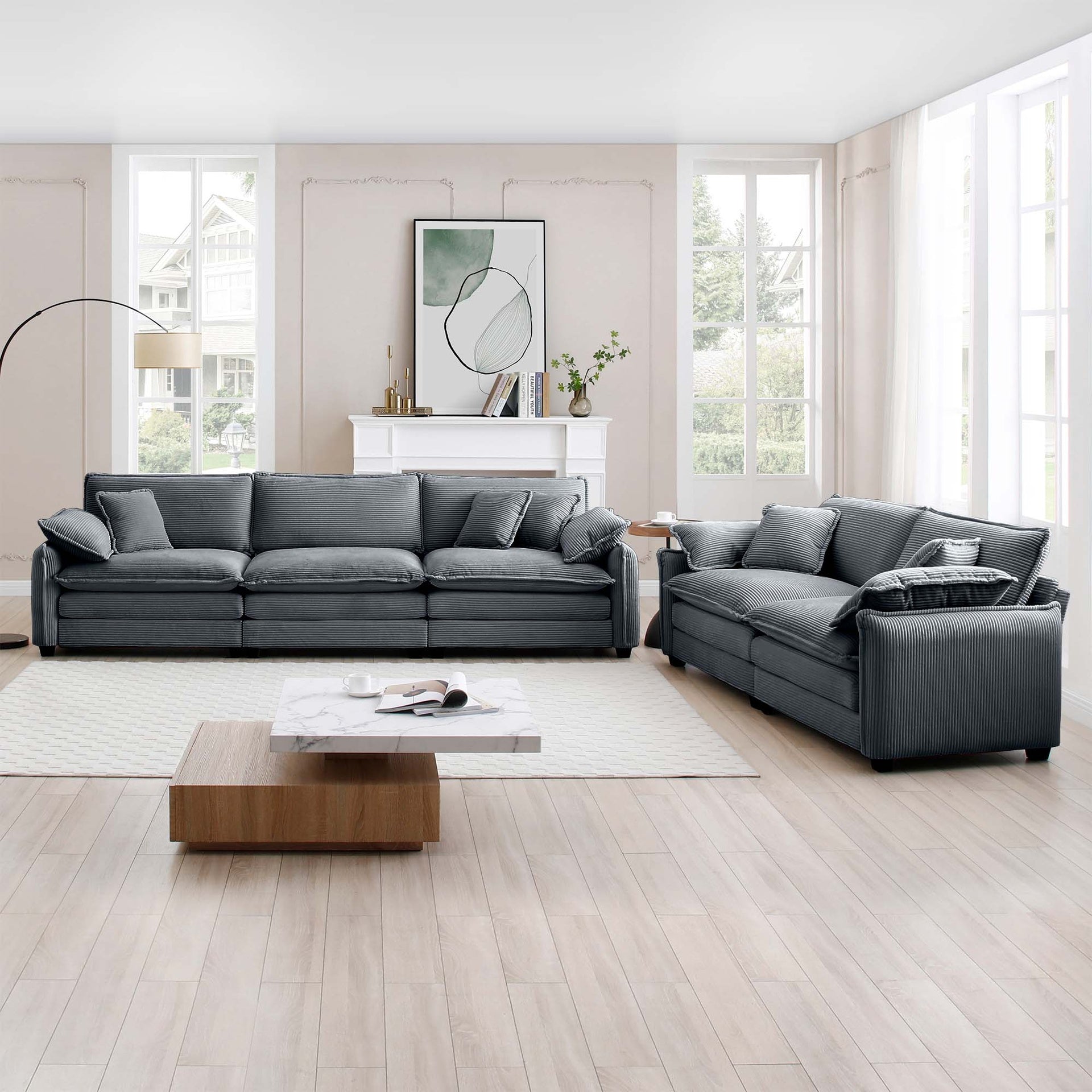 Family sofa set Deep Seat Sofa, Warm Sofa for Home Cinema and Living Room, One 2-Seater Sofa and One 3-Seater Sofa,Grey Corduroy