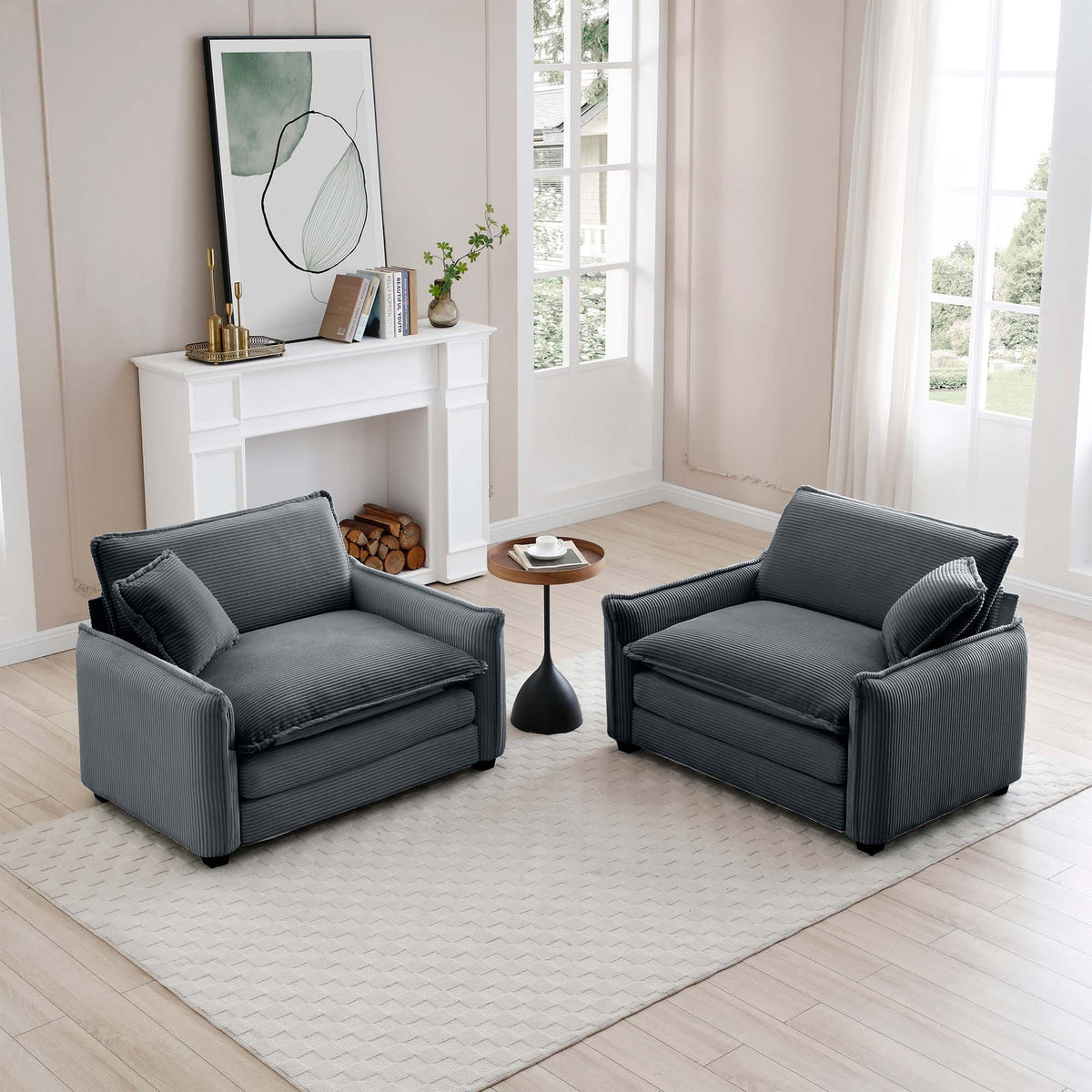Grey Corduroy,Luxurious and Sophisticated Deep Seated Sofa Set with Two Single  Deep Seat Sofa Suitable for Living Room and Office