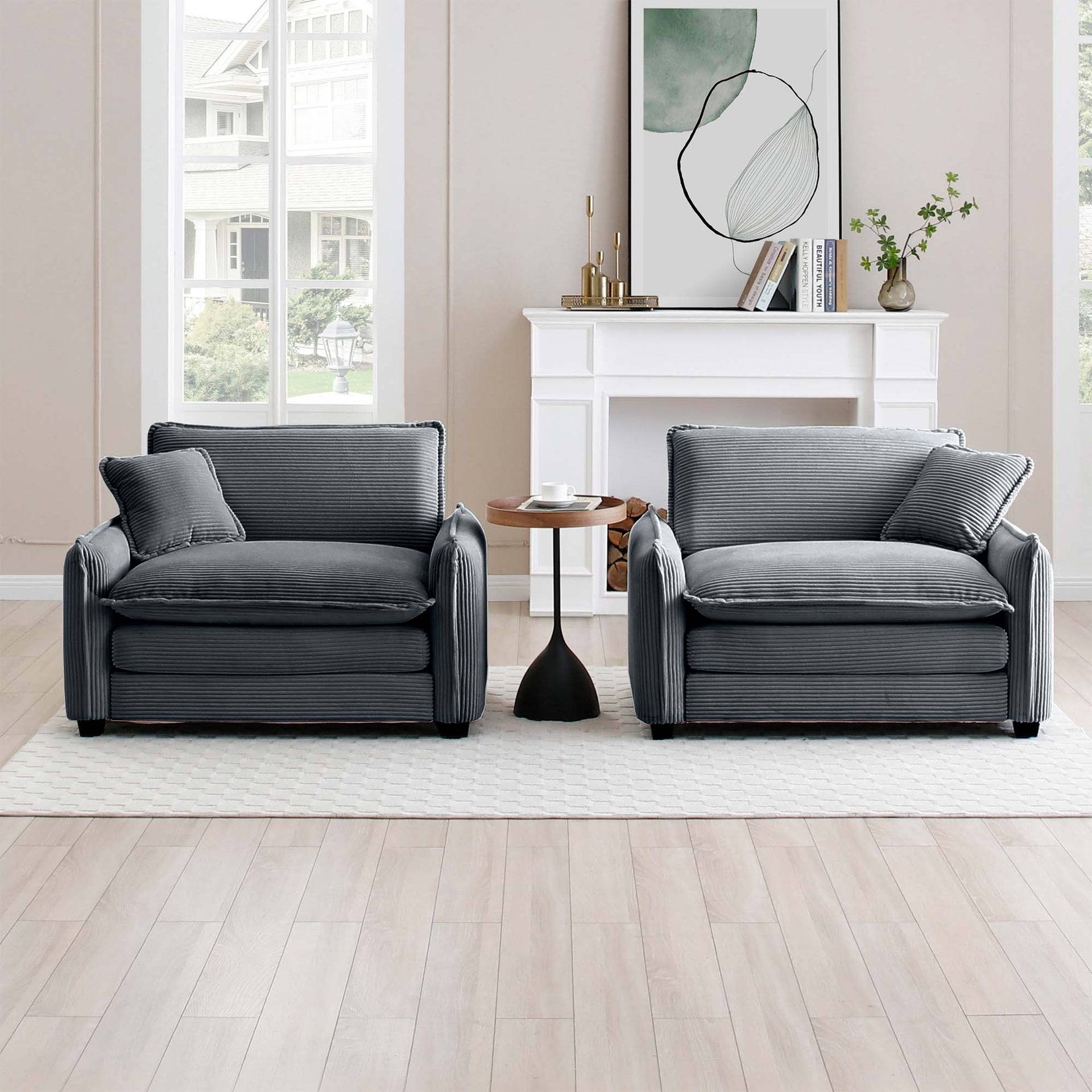 Grey Corduroy,Luxurious and Sophisticated Deep Seated Sofa Set with Two Single  Deep Seat Sofa Suitable for Living Room and Office