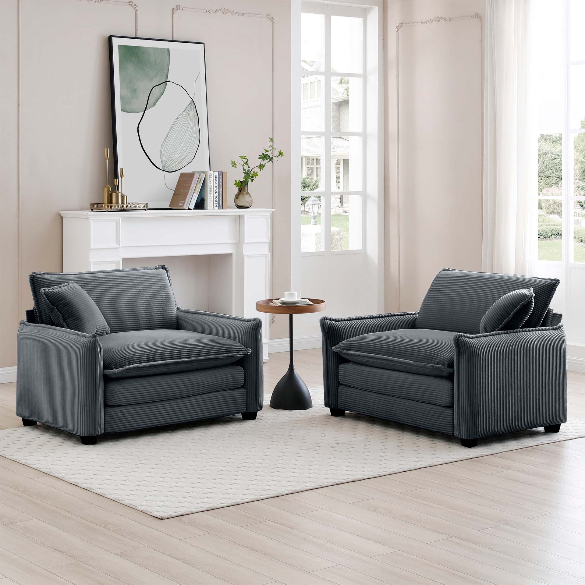 Grey Corduroy,Luxurious and Sophisticated Deep Seated Sofa Set with Two Single  Deep Seat Sofa Suitable for Living Room and Office
