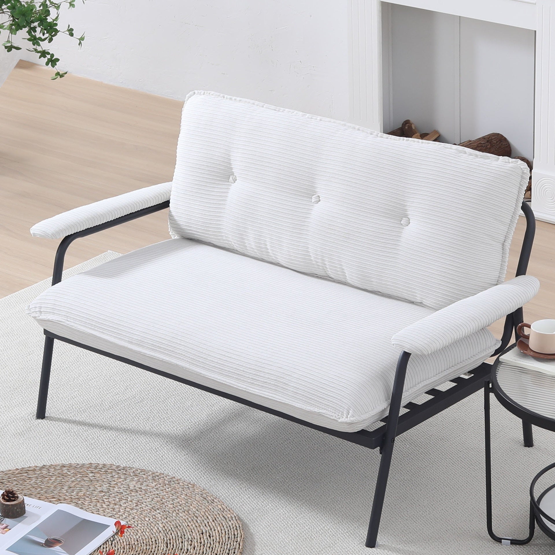 The 53-inch beige sofa offers a spacious layout in the small apartment, easily handling various scenarios from watching movies to working