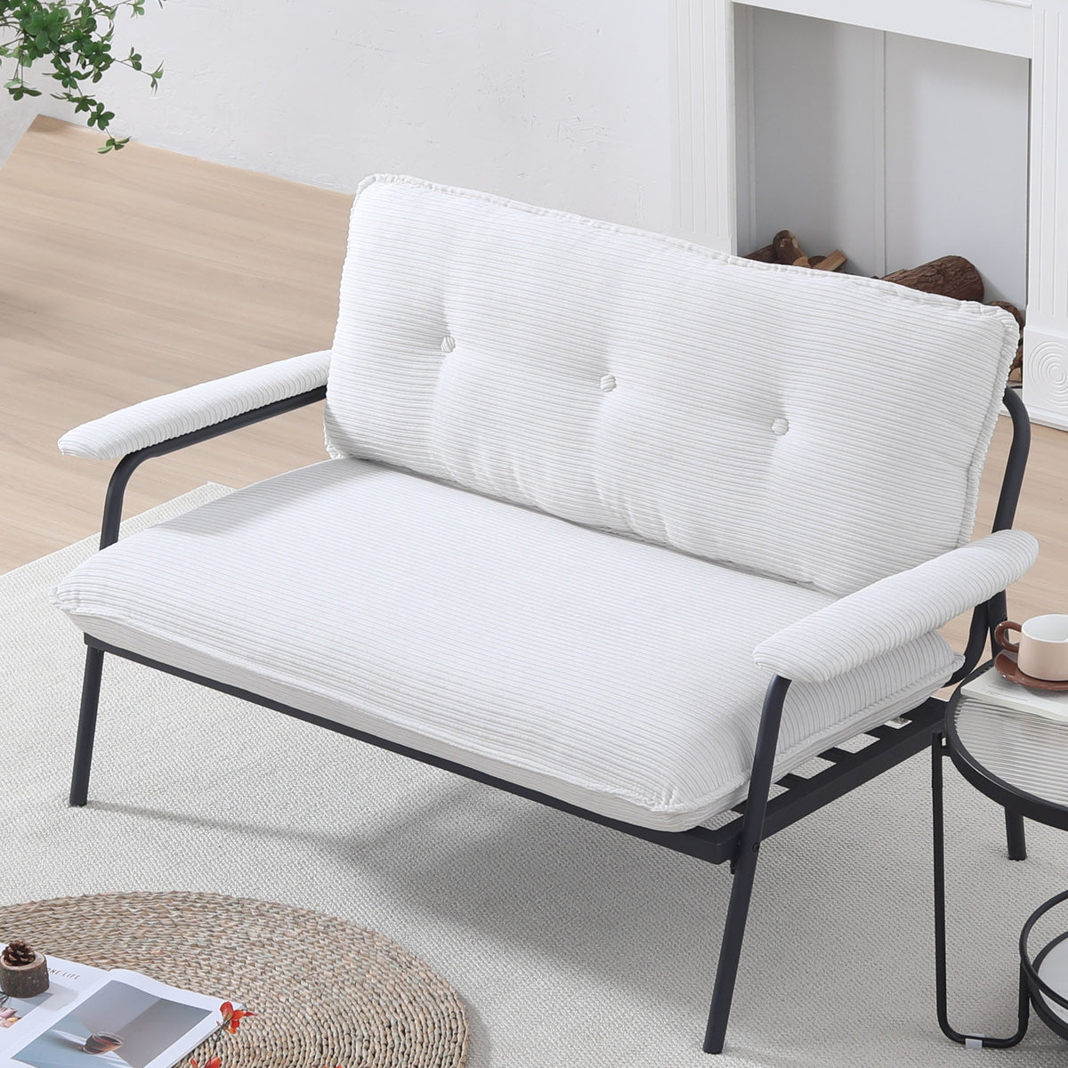 The 53-inch beige sofa offers a spacious layout in the small apartment, easily handling various scenarios from watching movies to working