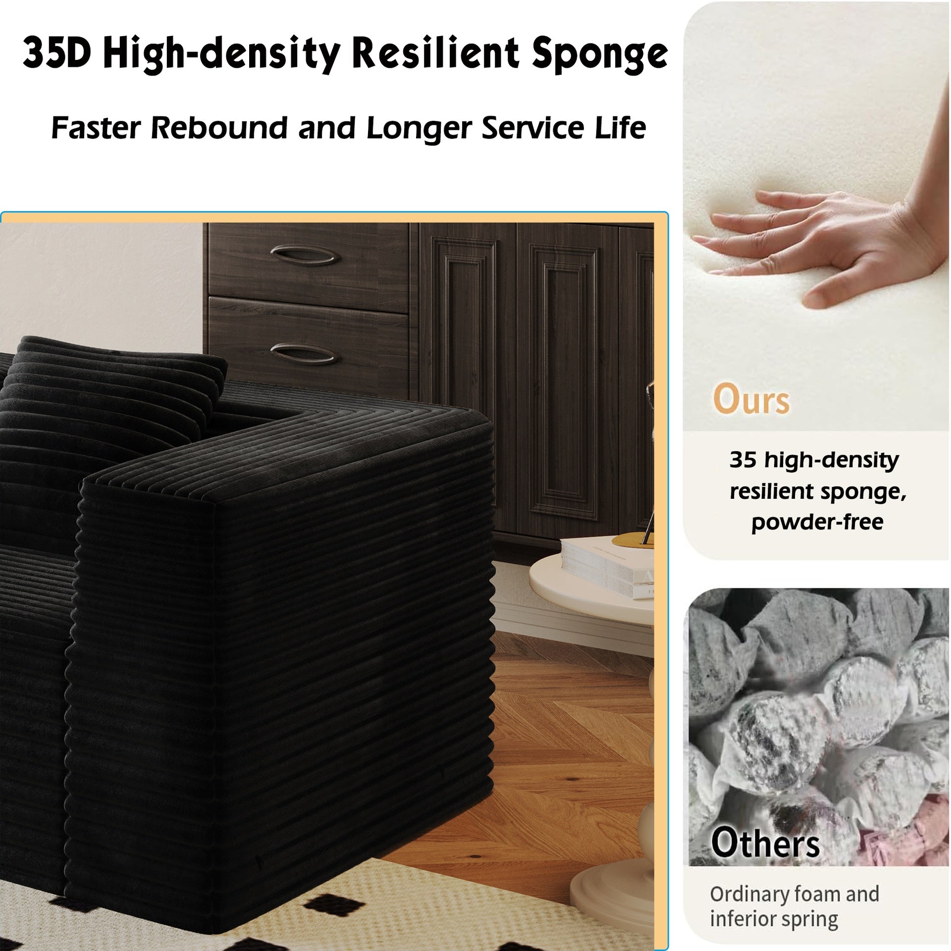 Modular Sectional Couches for Living Room with Deep Seat, Compression Sofa, Boneless Couches for Living Room, Boneless Upholstered Couches, No Assembly (2*Seat+1*Ottoman )