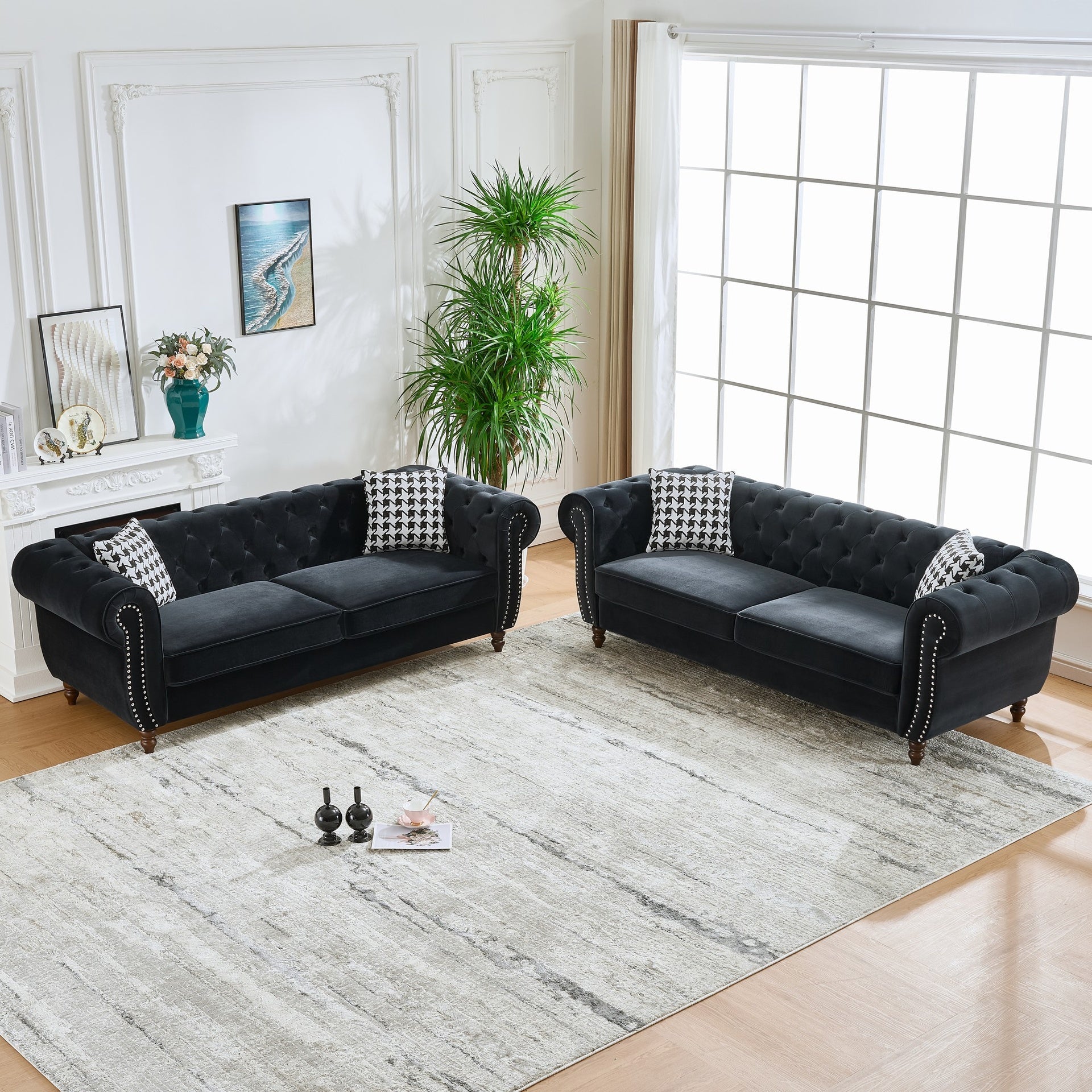 3+3 Seater Chesterfield ‌velvet upholstery fabric Sofa with Roll Armrest & Nailhead,Upholstered Mid Century Modern Couch,3 Seater & 3 Seater Couch for Living Room, Office, Apartment, Black