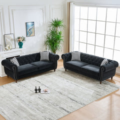 3+3 Seater Chesterfield ‌velvet upholstery fabric Sofa with Roll Armrest & Nailhead,Upholstered Mid Century Modern Couch,3 Seater & 3 Seater Couch for Living Room, Office, Apartment, Black