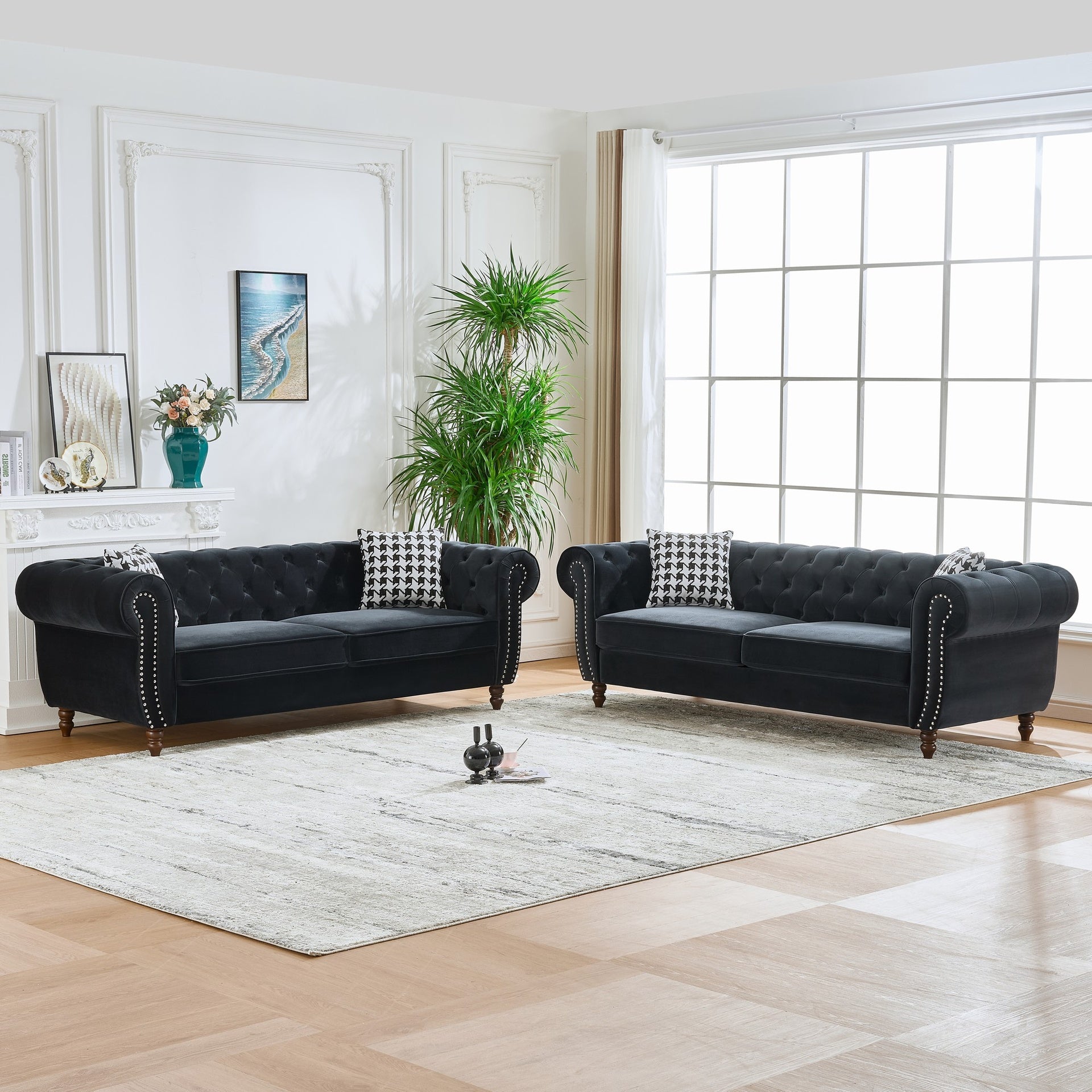 3+3 Seater Chesterfield ‌velvet upholstery fabric Sofa with Roll Armrest & Nailhead,Upholstered Mid Century Modern Couch,3 Seater & 3 Seater Couch for Living Room, Office, Apartment, Black