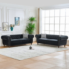 3+3 Seater Chesterfield ‌velvet upholstery fabric Sofa with Roll Armrest & Nailhead,Upholstered Mid Century Modern Couch,3 Seater & 3 Seater Couch for Living Room, Office, Apartment, Black
