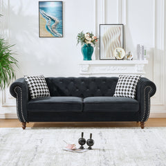 3+3 Seater Chesterfield ‌velvet upholstery fabric Sofa with Roll Armrest & Nailhead,Upholstered Mid Century Modern Couch,3 Seater & 3 Seater Couch for Living Room, Office, Apartment, Black