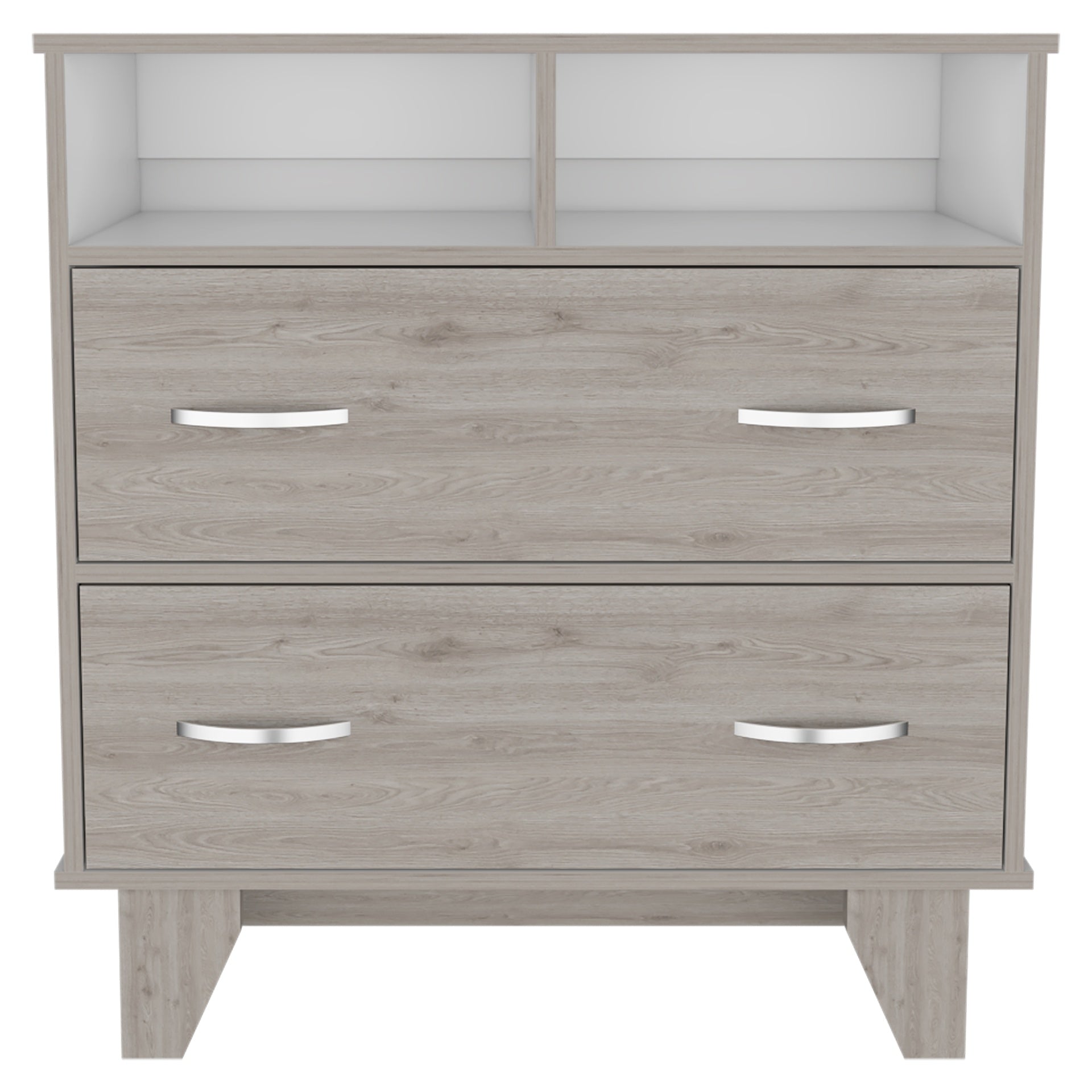 Portanova Two Drawer Dresser, Two Open Shelves, Superior Top,  Four Legs -Light Gray / White