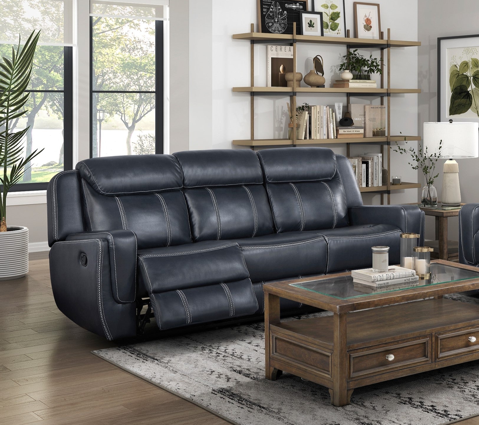 Modern Living Room Furniture 2pc Reclining Sofa Set Blue Breathable Faux Leather Upholstery Reclining Sofa Loveseat with Cup Holders, Power outlets, USB Ports