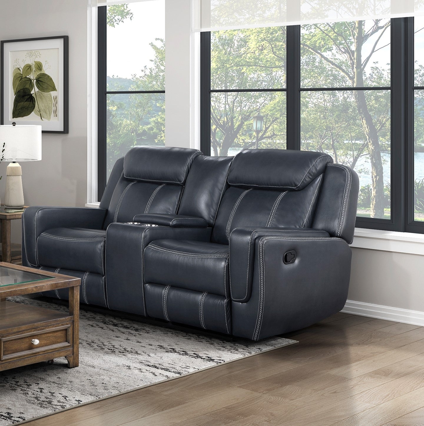 Modern Living Room Furniture 2pc Reclining Sofa Set Blue Breathable Faux Leather Upholstery Reclining Sofa Loveseat with Cup Holders, Power outlets, USB Ports
