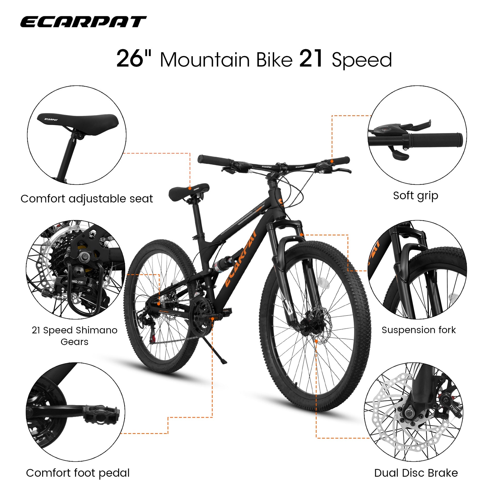 A26207 26 Inch Steel Frame Shock Fork Plus Shock Absorber 21-speed Unisex Mountain Bike