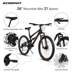A26207 26 Inch Steel Frame Shock Fork Plus Shock Absorber 21-speed Unisex Mountain Bike