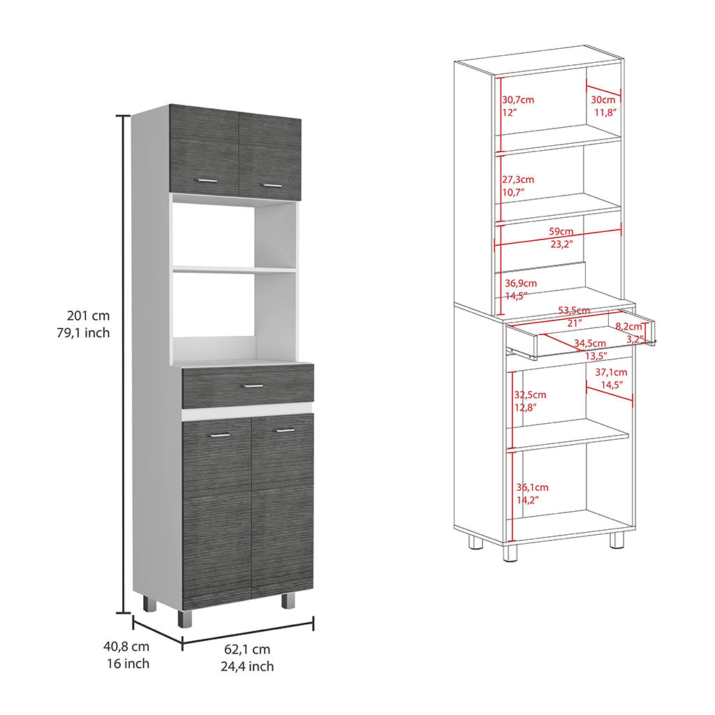 Caribe Microwave Cabinet, Four Legs, One Drawer, Double Door, One Shelf  -White / Smokey Oak