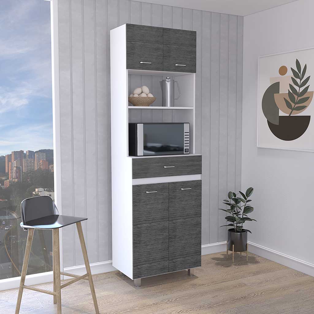 Caribe Microwave Cabinet, Four Legs, One Drawer, Double Door, One Shelf  -White / Smokey Oak
