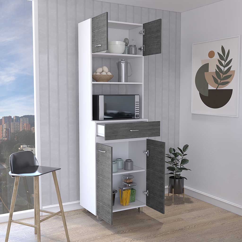 Caribe Microwave Cabinet, Four Legs, One Drawer, Double Door, One Shelf  -White / Smokey Oak