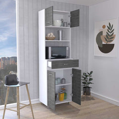 Caribe Microwave Cabinet, Four Legs, One Drawer, Double Door, One Shelf  -White / Smokey Oak