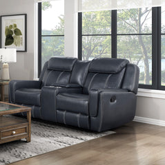 Modern Blue Dual Reclining Loveseat with Center Console, Breathable Faux Leather Upholstery, USB Ports Living Room Furniture 1pc