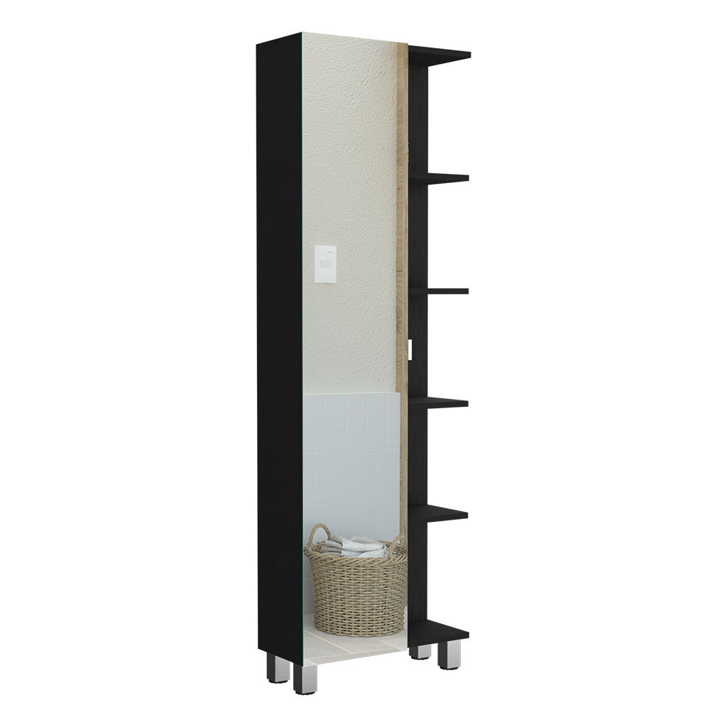 Urano Mirror Linen Cabinet, Four Interior  Shelves, Five External Shelves -Black