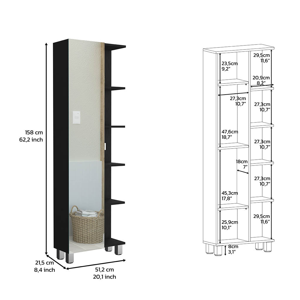 Urano Mirror Linen Cabinet, Four Interior  Shelves, Five External Shelves -Black