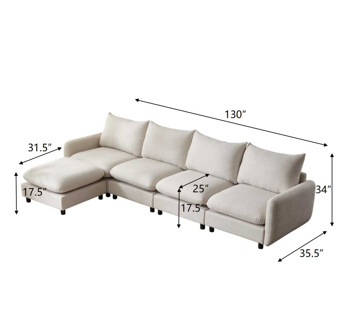 130 in. oversize 5-Piece L Shaped Modular Free Combination Sectional Sofa Couch with Ottoman for Living Room and Spacious Space