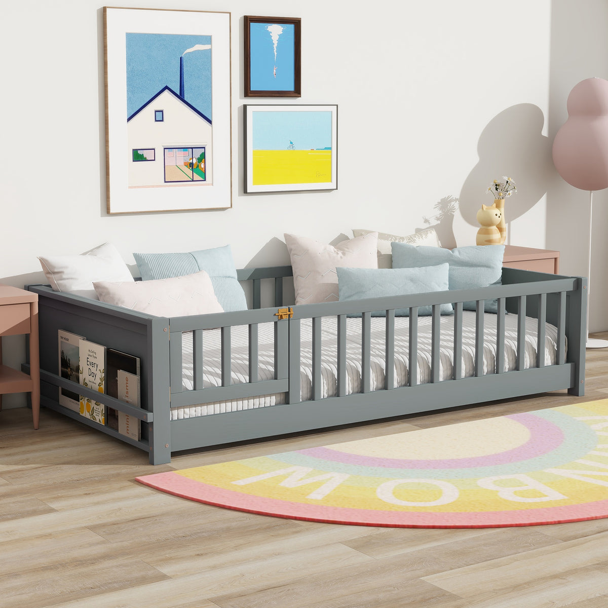 Twin Size Floor Bed with Built-in Book Rack and Door,Grey(Old Sku:W504P143311)