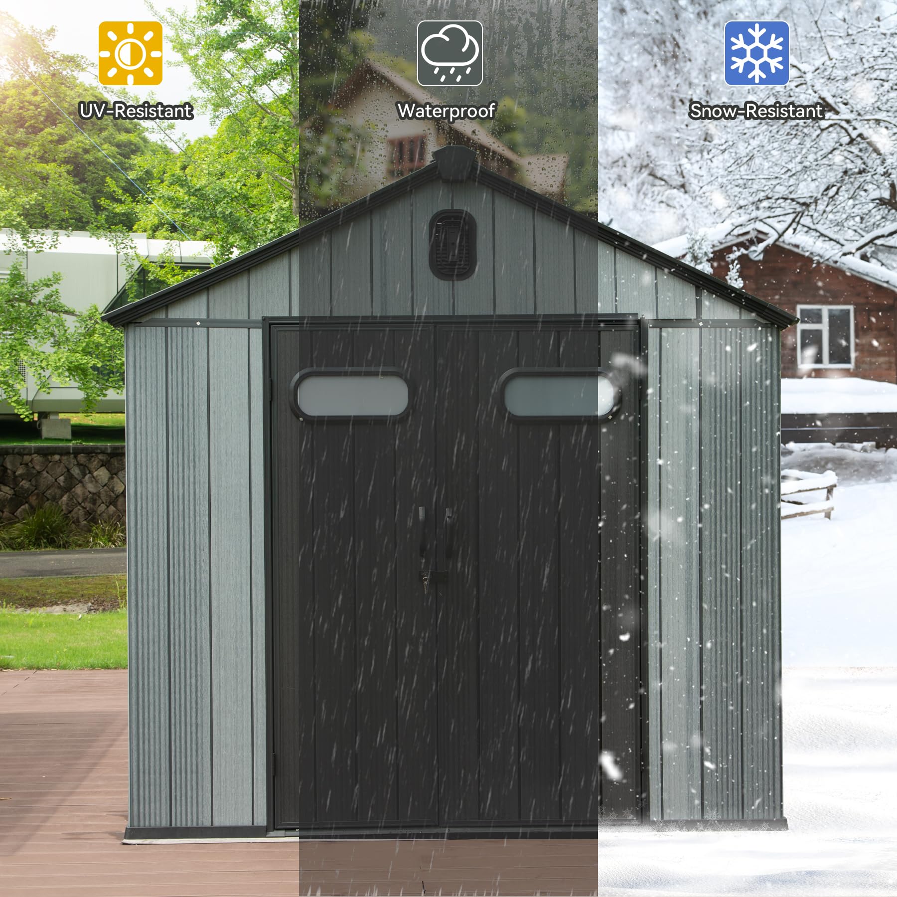 6X6 FT Outdoor Resin Storage Shed, Waterproof Plastic Garden Shed with Lockable Door, Windows & Vents, Outside Storage Tool Shed for Patio Furniture, Lawn Mower, Bike