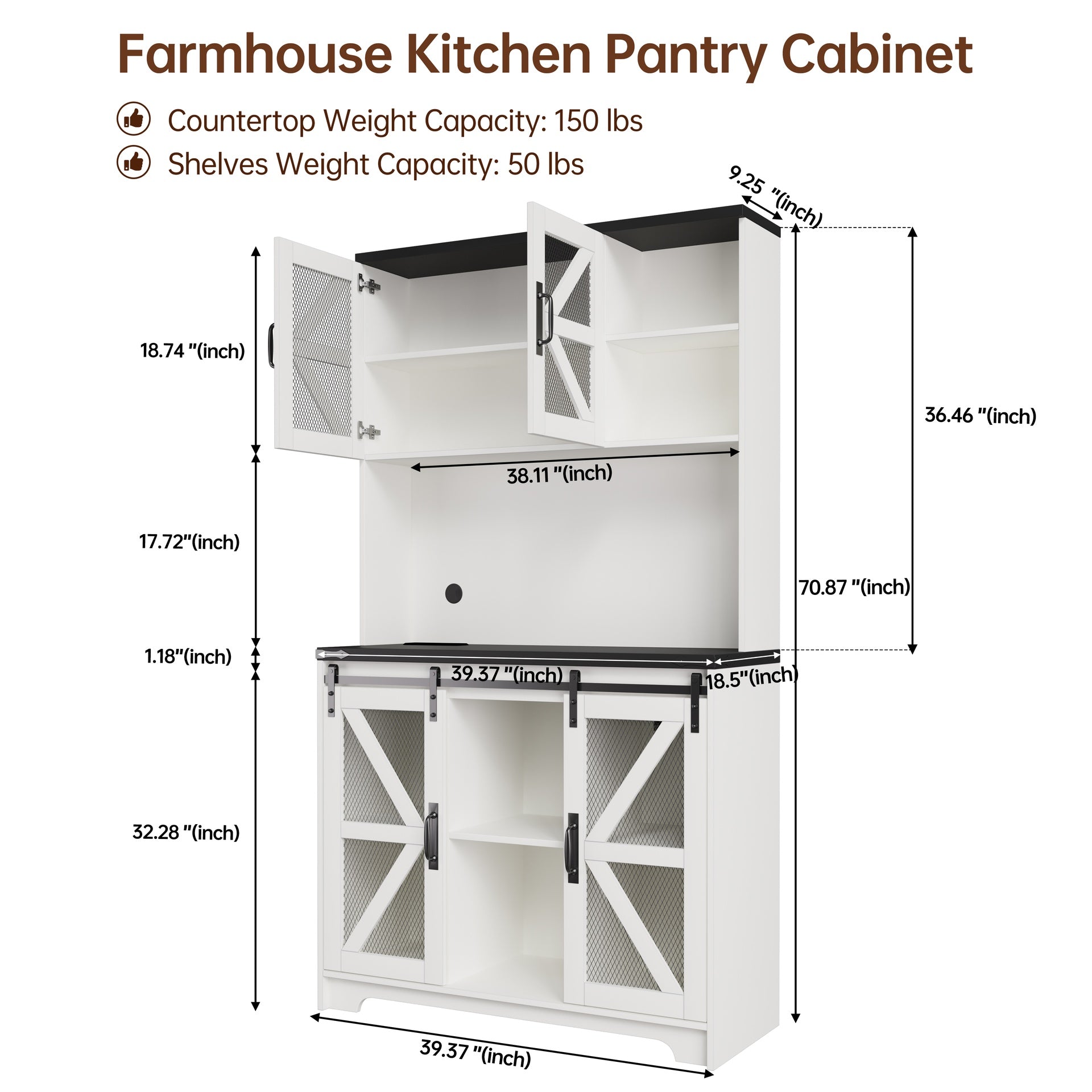 Pantry Cabinet for Living Room, 71" Farmhouse Wooden Kitchen Microwave Stand Hutch with Storage, Charging Station and LED Lights, White