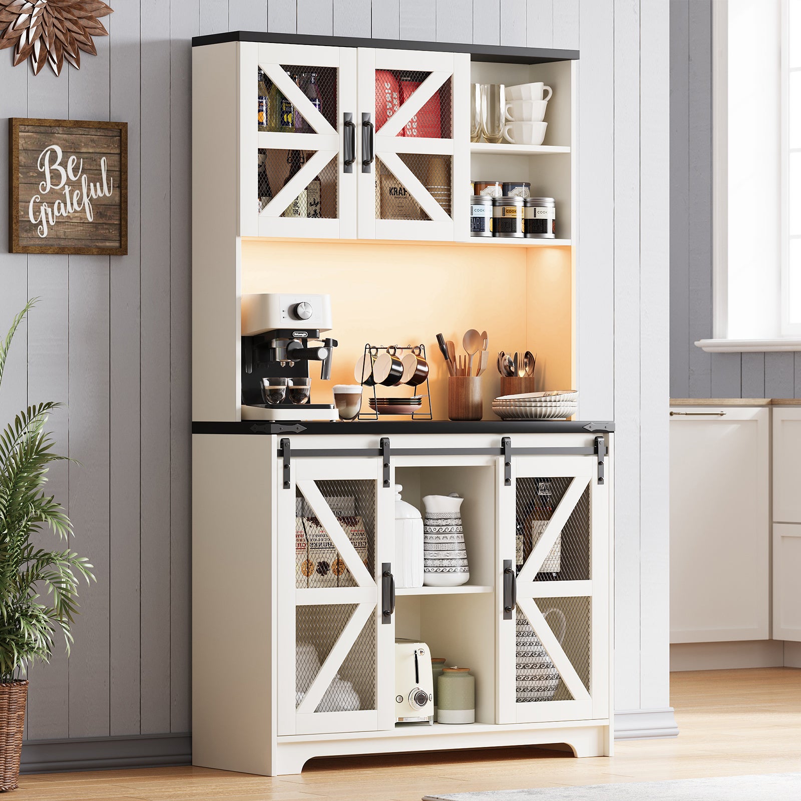 Pantry Cabinet for Living Room, 71" Farmhouse Wooden Kitchen Microwave Stand Hutch with Storage, Charging Station and LED Lights, White
