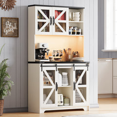 Pantry Cabinet for Living Room, 71" Farmhouse Wooden Kitchen Microwave Stand Hutch with Storage, Charging Station and LED Lights, White