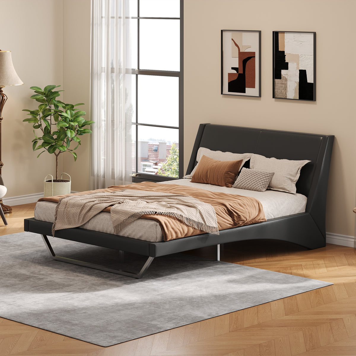 Queen Size Upholstered Bed Frame, Pu Leather Platform Bed with Wave-Like Curve Design and Trapezoidal-Shaped Leg, No Box Spring Needed, Black
