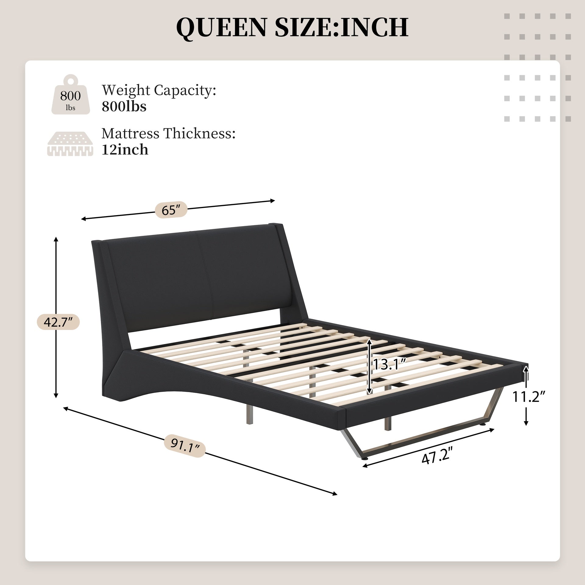 Queen Size Upholstered Bed Frame, Pu Leather Platform Bed with Wave-Like Curve Design and Trapezoidal-Shaped Leg, No Box Spring Needed, Black