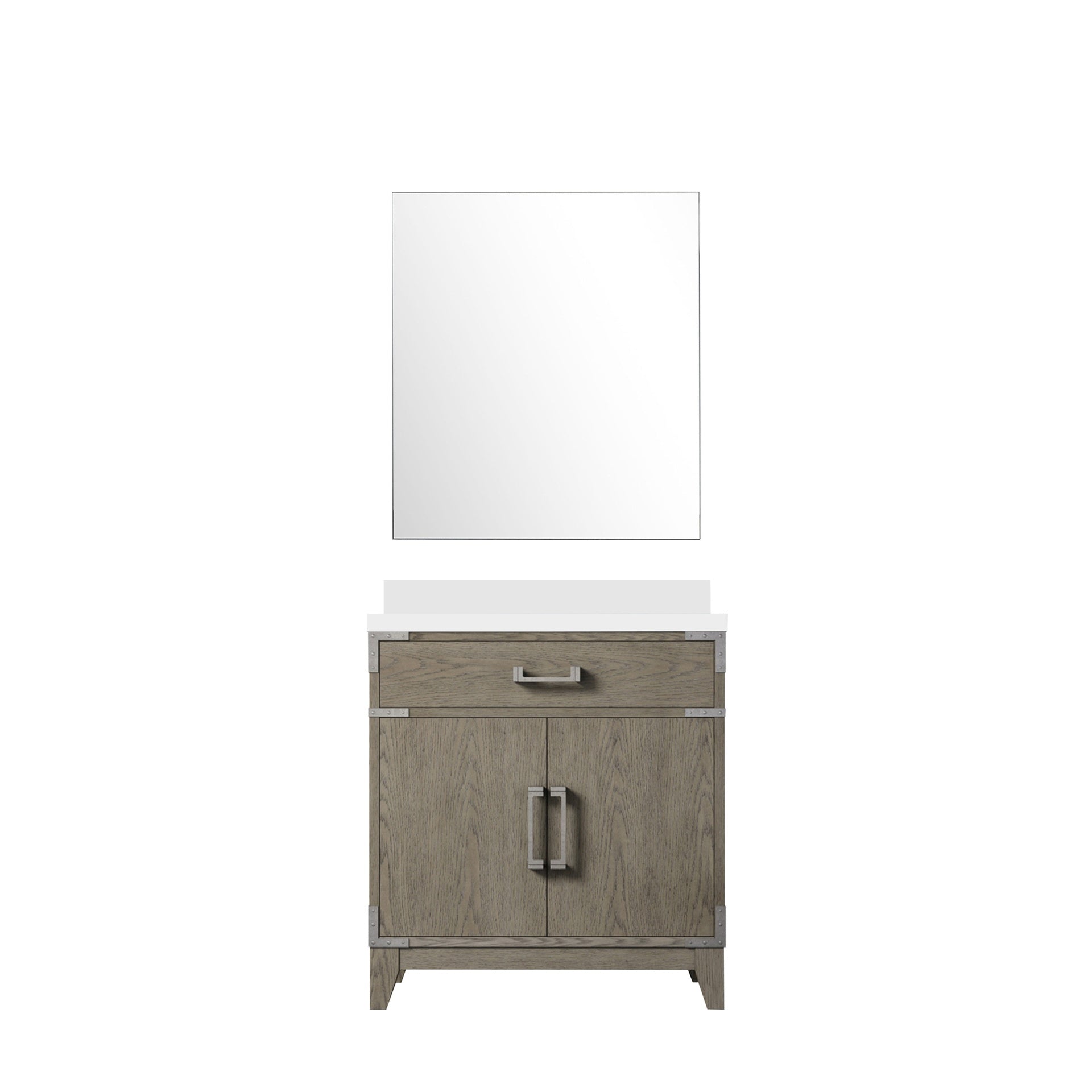Grey Oak Single Bath Vanity 30 in. W x 22 in. D, White Quartz Countertop and 28 in. Mirror