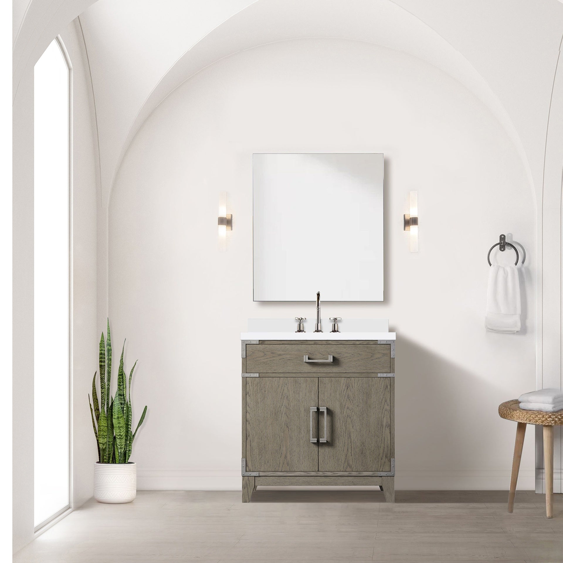 Grey Oak Single Bath Vanity 30 in. W x 22 in. D, White Quartz Countertop and 28 in. Mirror