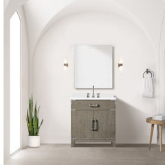 Grey Oak Single Bath Vanity 30 in. W x 22 in. D, White Quartz Countertop and 28 in. Mirror