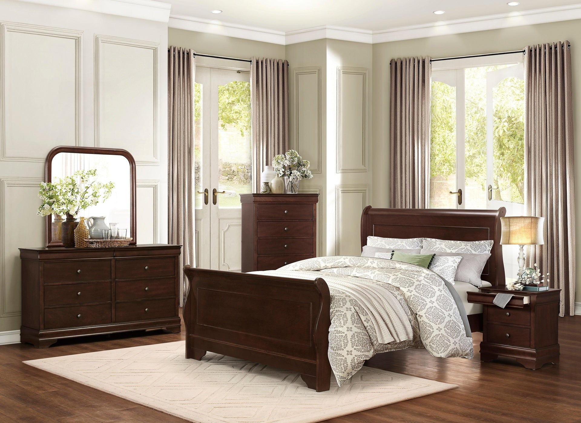 Traditional Louis Philippe Style Queen Bed Dark Cherry Finish Wooden Bedroom Furniture 1pc