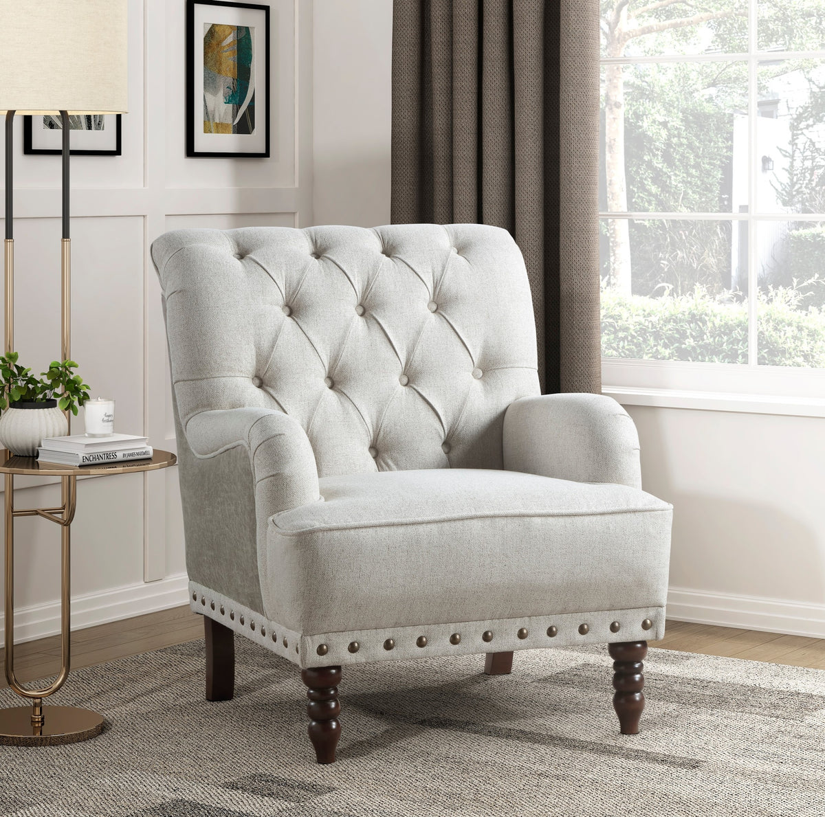 1pc Beige Accent Chair Button-Tufted Solid Wood Nailhead Trim Fabric Upholstery Luxury Living Room Furniture