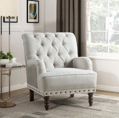 1pc Beige Accent Chair Button-Tufted Solid Wood Nailhead Trim Fabric Upholstery Luxury Living Room Furniture