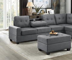 Modern Living Room 3-Piece Sectional Reversible Sofa Chaise Storage Ottoman Tufted Detail Dark Gray Microfiber Upholstered Drop-Down Cup-holder Solid Wood Frame Furniture