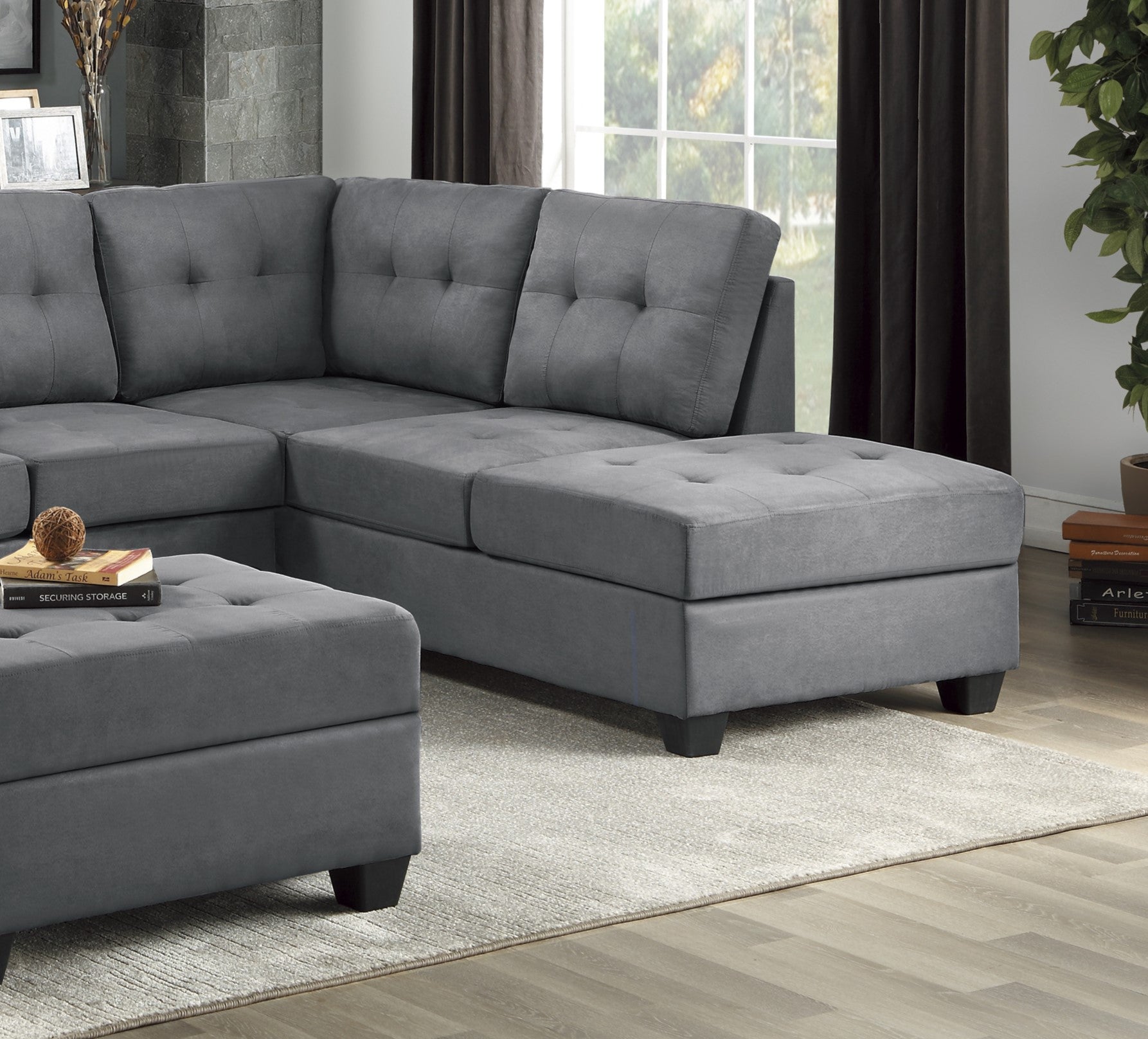 Modern Living Room 3-Piece Sectional Reversible Sofa Chaise Storage Ottoman Tufted Detail Dark Gray Microfiber Upholstered Drop-Down Cup-holder Solid Wood Frame Furniture