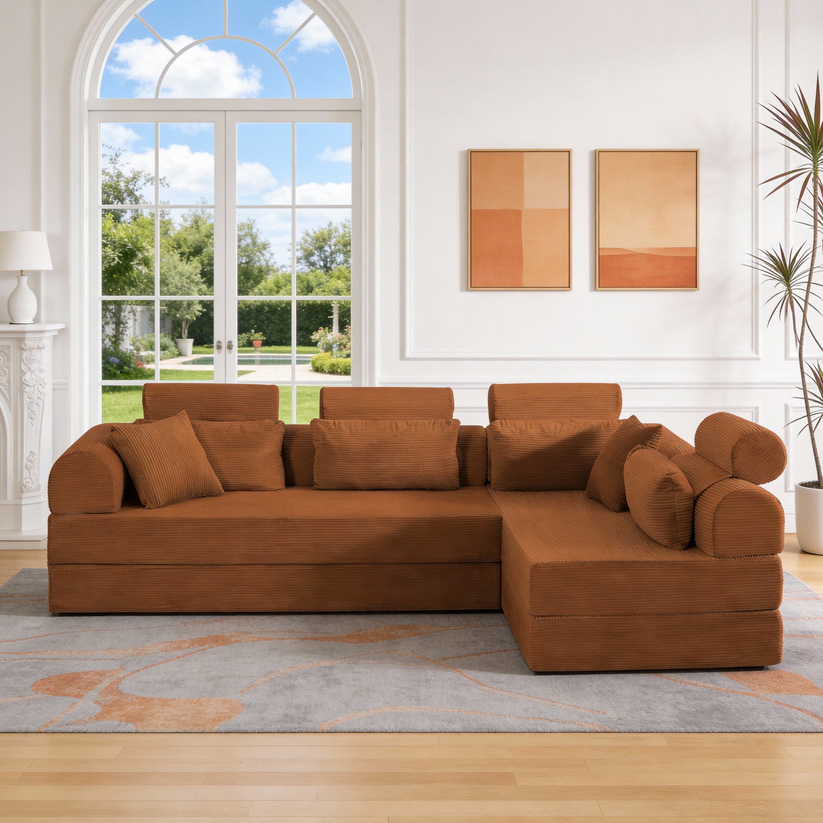 L shape Modular Sectional Sofa, Compressed Sectional Sofa Modern Minimalist Style Corduroy Couch,Unfold into a bed, Bedroom, Comfy Compressed Sofa Couch Space-Efficient Design(Orange)