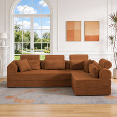 L shape Modular Sectional Sofa, Compressed Sectional Sofa Modern Minimalist Style Corduroy Couch,Unfold into a bed, Bedroom, Comfy Compressed Sofa Couch Space-Efficient Design(Orange)