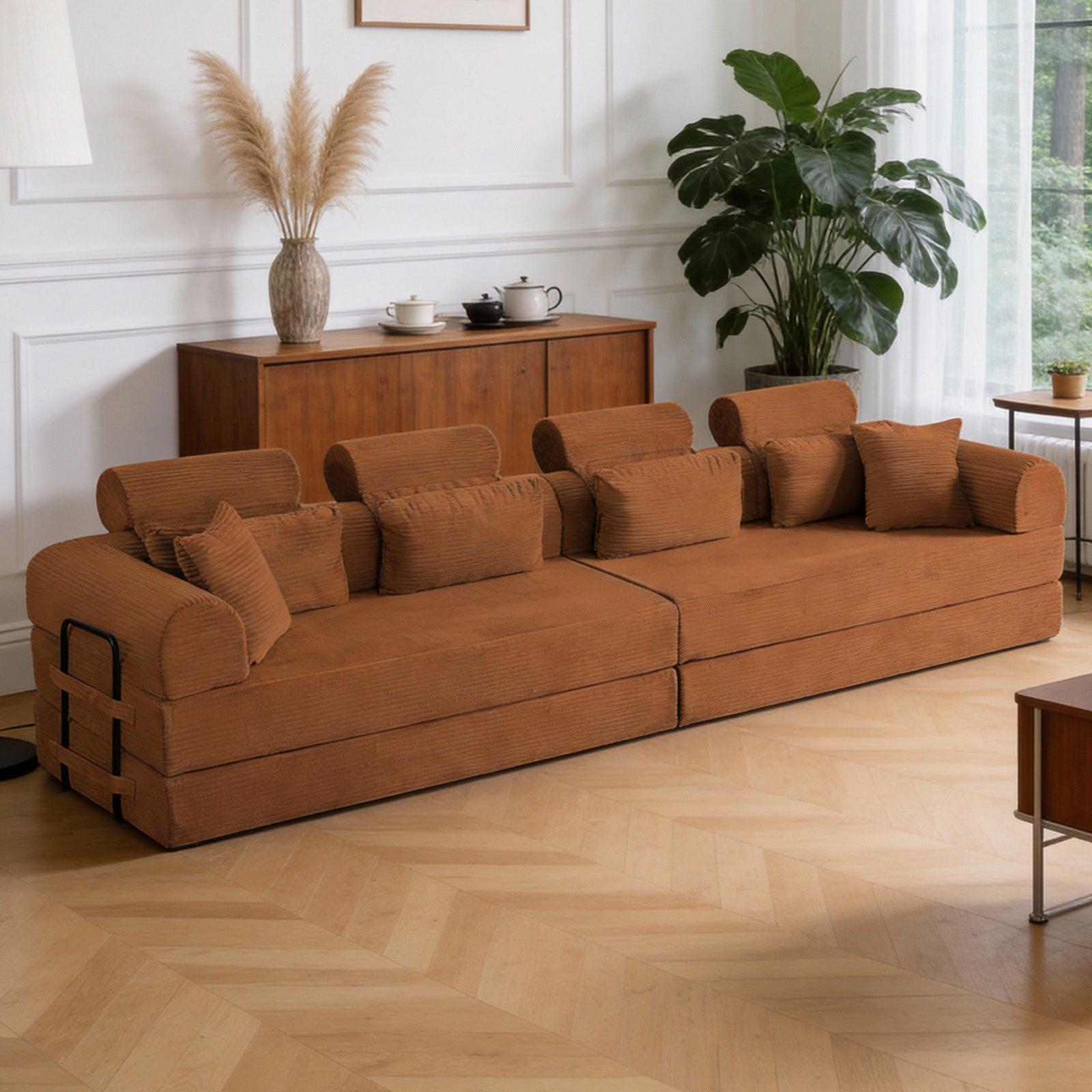 L shape Modular Sectional Sofa, Compressed Sectional Sofa Modern Minimalist Style Corduroy Couch,Unfold into a bed, Bedroom, Comfy Compressed Sofa Couch Space-Efficient Design(Orange)