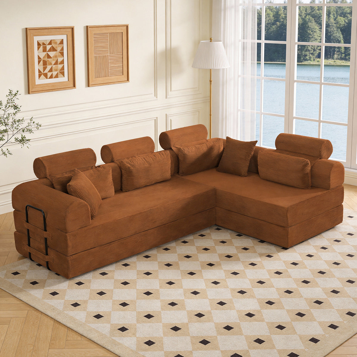 L shape Modular Sectional Sofa, Compressed Sectional Sofa Modern Minimalist Style Corduroy Couch,Unfold into a bed, Bedroom, Comfy Compressed Sofa Couch Space-Efficient Design(Orange)