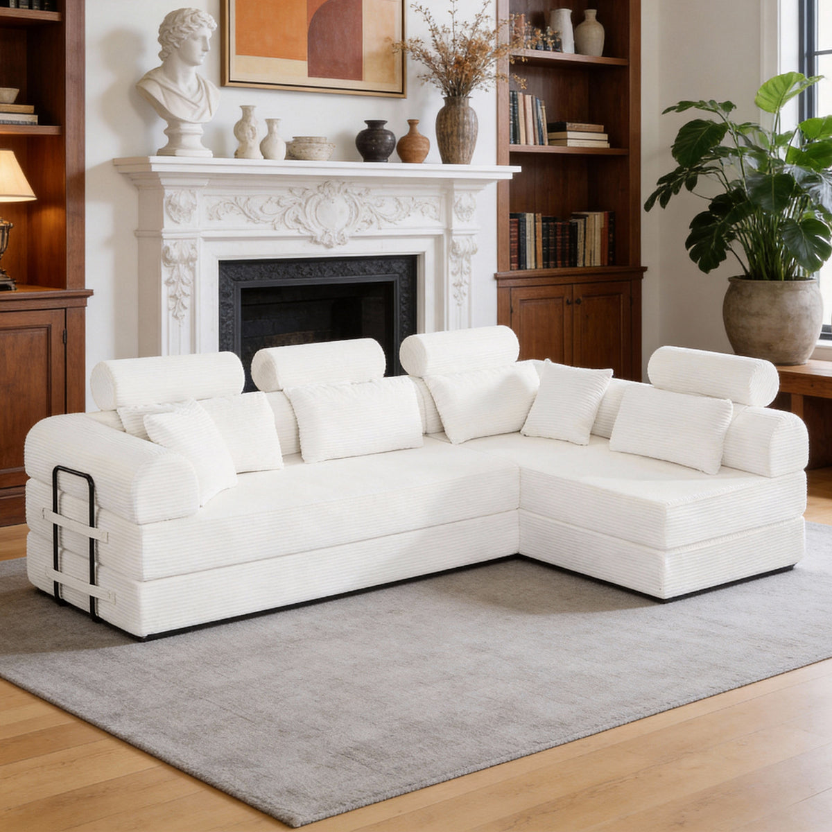 L shape Modular Sectional Sofa, Compressed Sectional Sofa Modern Minimalist Style Corduroy Couch,Unfold into a bed, Bedroom, Comfy Compressed Sofa Couch Space-Efficient Design(Beige)